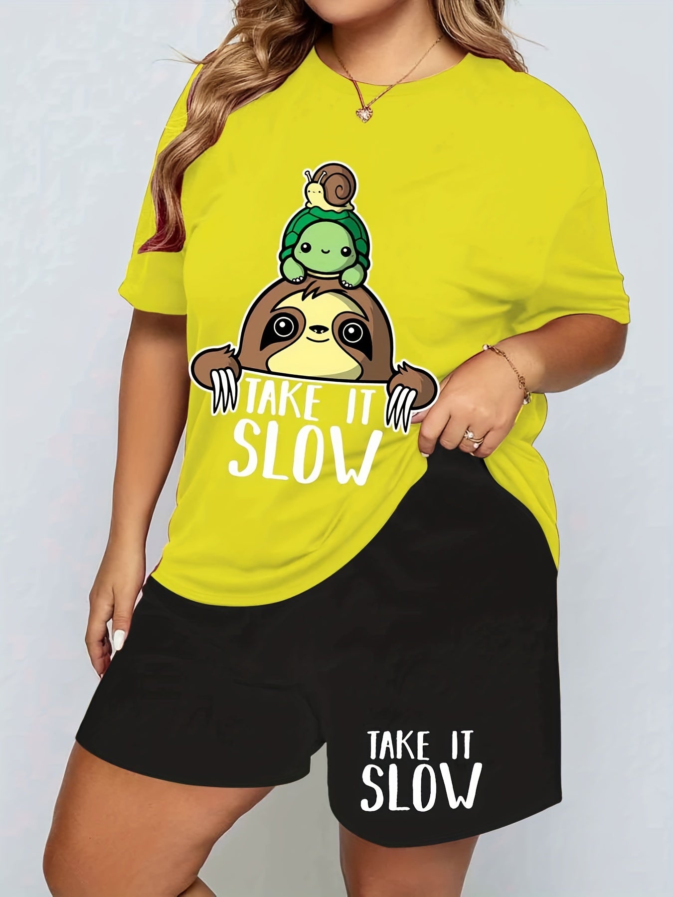 Sloth & Turtle Print Tee & Shorts Pajama Set