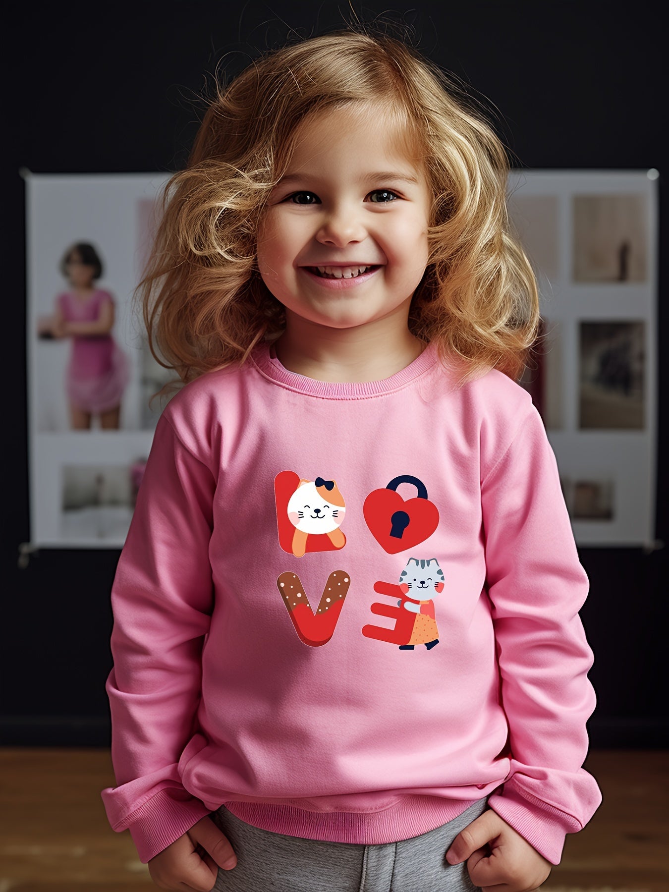 Cats And LOVE Letter Print Girls Pullover Sweatshirt