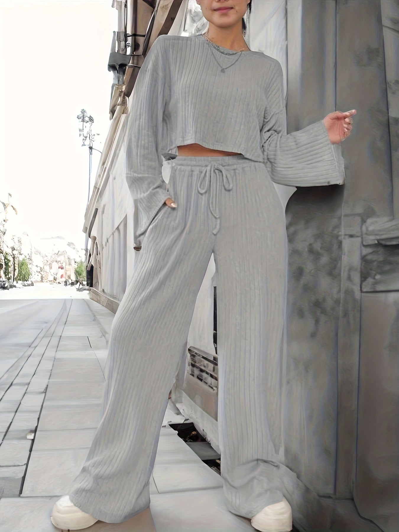 Solid Ribbed Long Sleeve Top & Wide Leg Pants Set