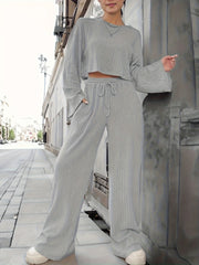 Solid Ribbed Long Sleeve Top & Wide Leg Pants Set