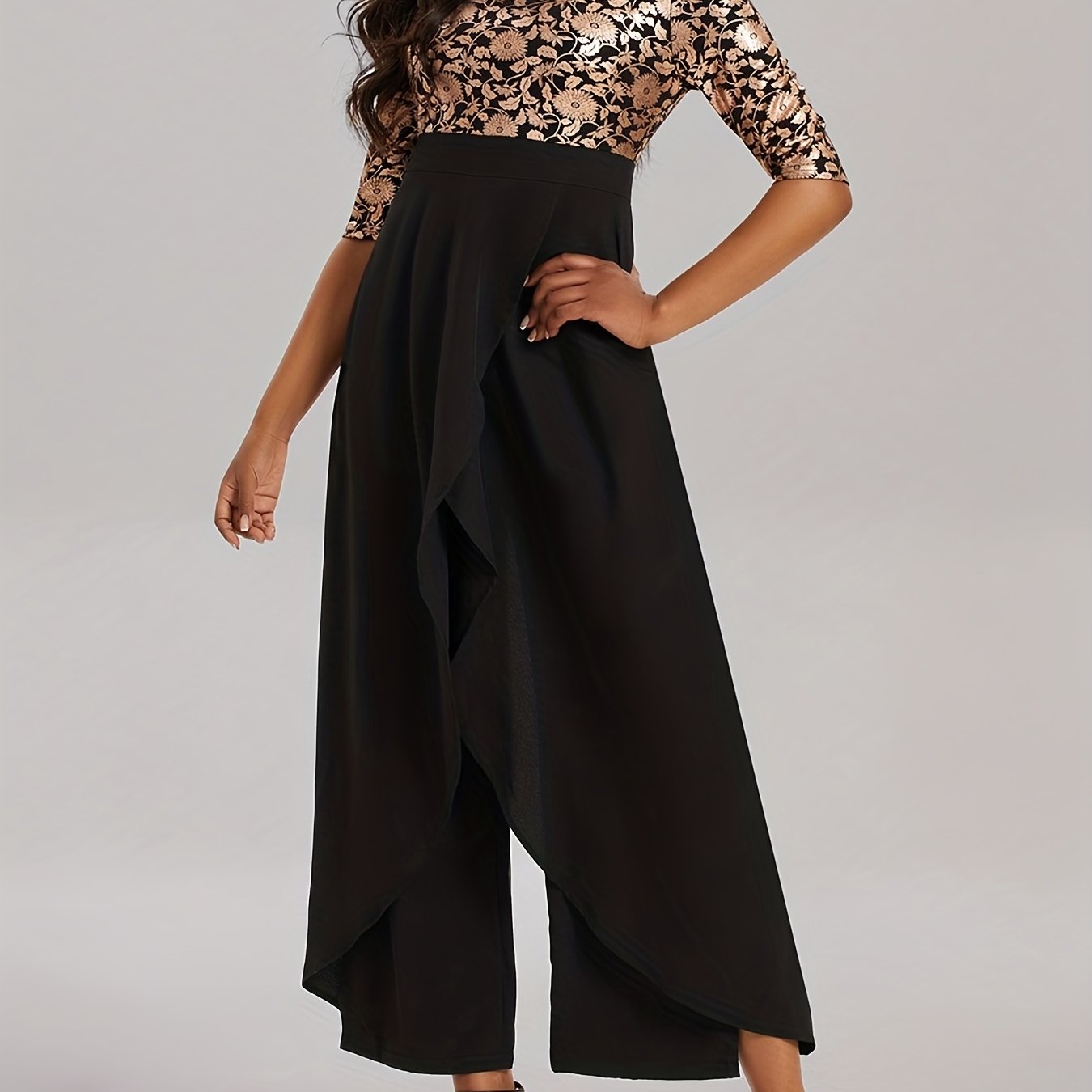 Floral Print Splicing Jumpsuit Casual 3 4 Sleeve Split Wide Leg Jumpsuit