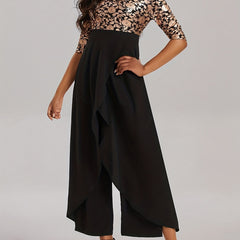 Floral Print Splicing Jumpsuit Casual 3 4 Sleeve Split Wide Leg Jumpsuit