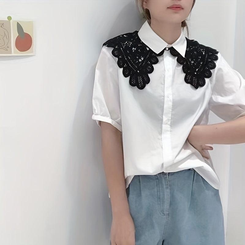 Lace Hollow Out False Collar Ruffles Faux Pearl Button Dickey Collar for Women