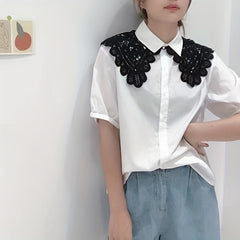 Lace Hollow Out False Collar Ruffles Faux Pearl Button Dickey Collar for Women