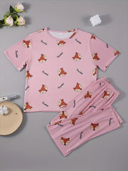 Fox Print Pajama Set Short Sleeve Top & Pants Women's Sleepwear