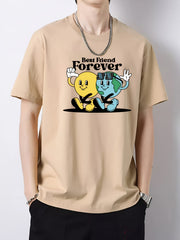 Cartoon Planets Print Men's Cotton Graphic Crew Neck Active T shirt