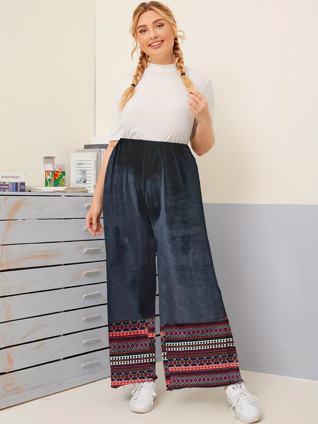 Boho Pants Women's Plus Tribal Print Wide Leg Pants