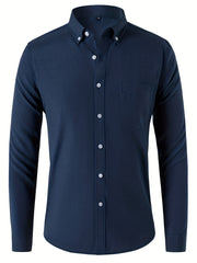 Solid Men's Casual Button Up Long Sleeve Shirt With Pocket