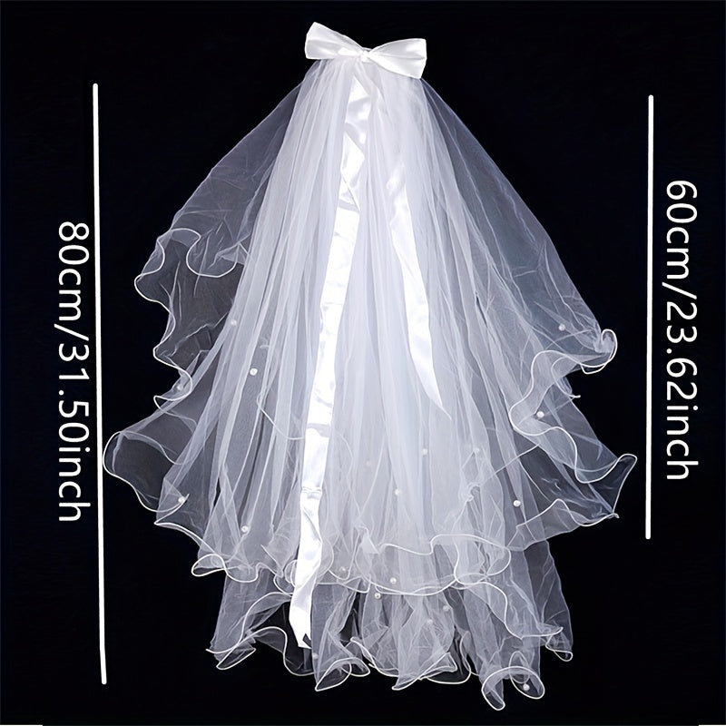 Double Layer Veil With Comb White Ribbon Bridal Hair Accessories