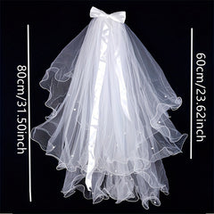 Double Layer Veil With Comb White Ribbon Bridal Hair Accessories