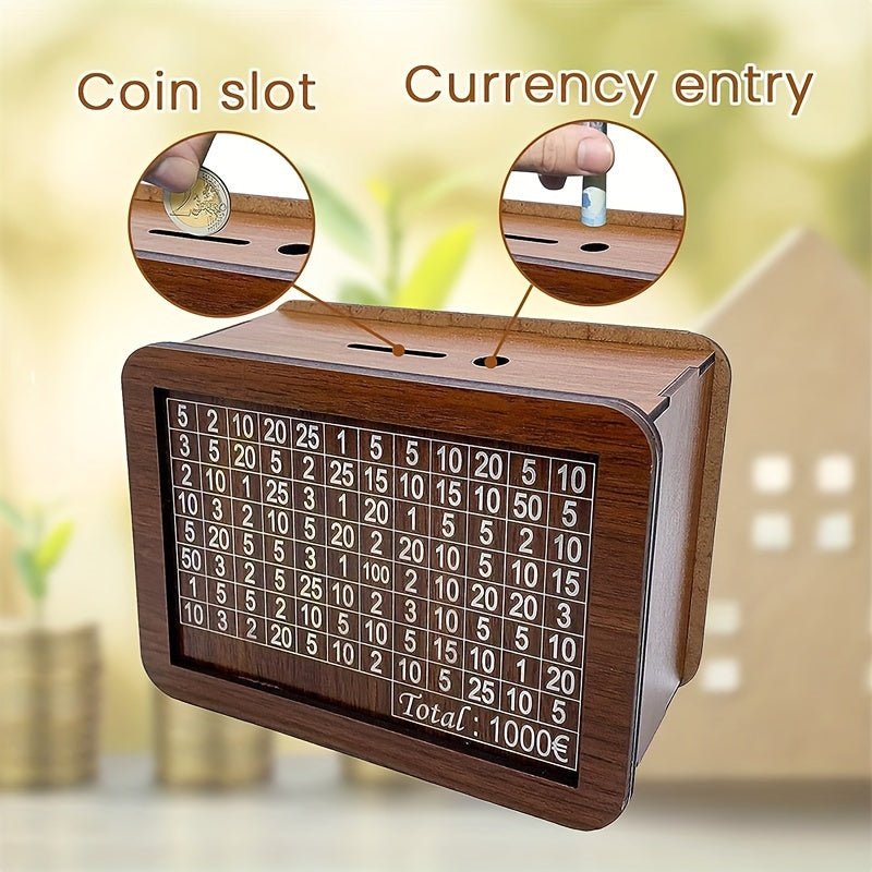 Wooden Coin Bank with Currency Coin Slot for Savings Plans