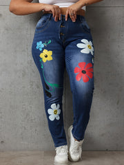 Floral Print High Stretch Denim Pants