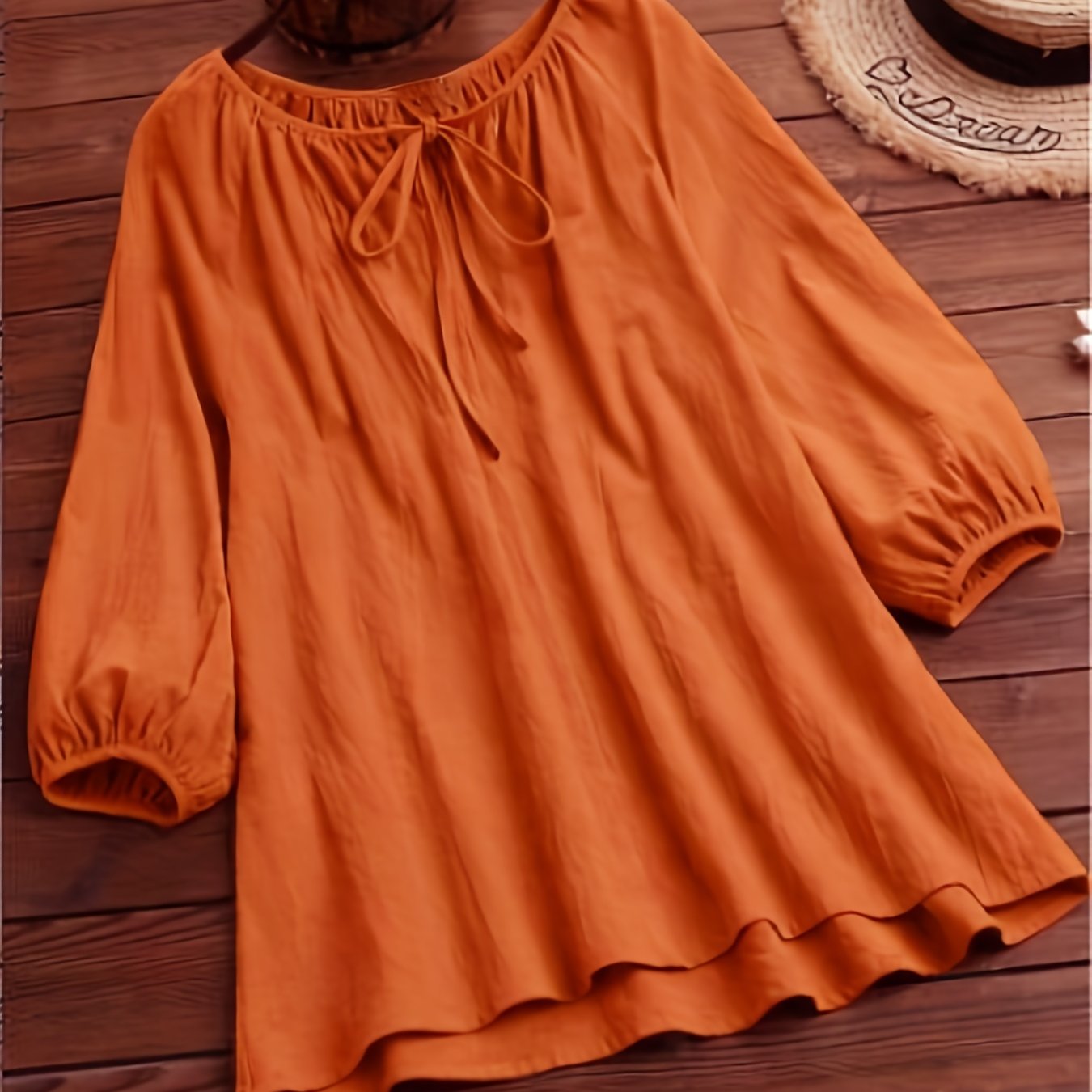 Solid Long Sleeve Round Neck Keyhole Tie Blouse