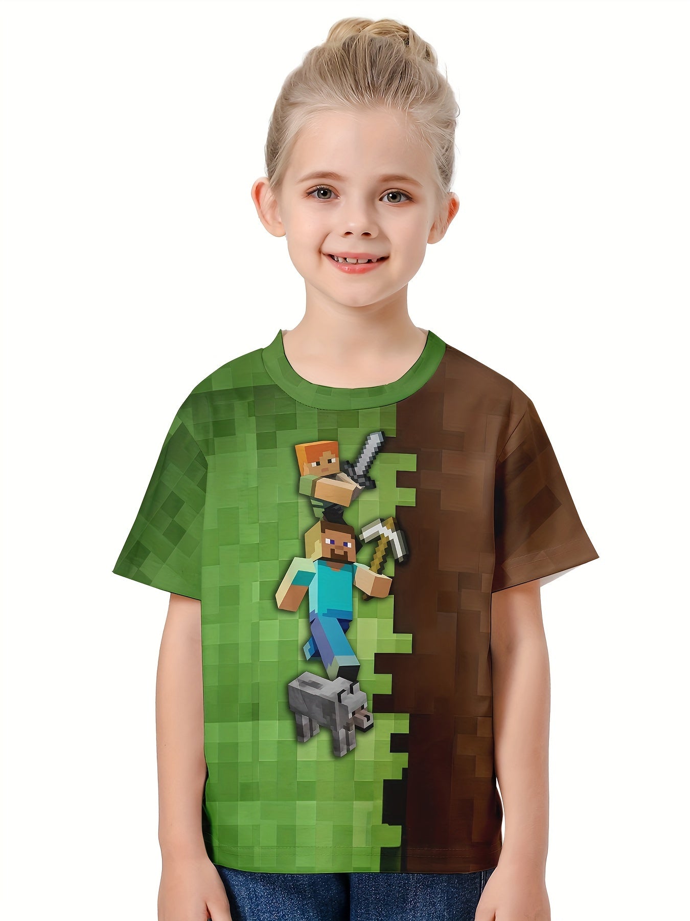 Kids Cartoon Game Graphic Short Sleeve T-shirt, Breathable & Sporty, Ages 4-14