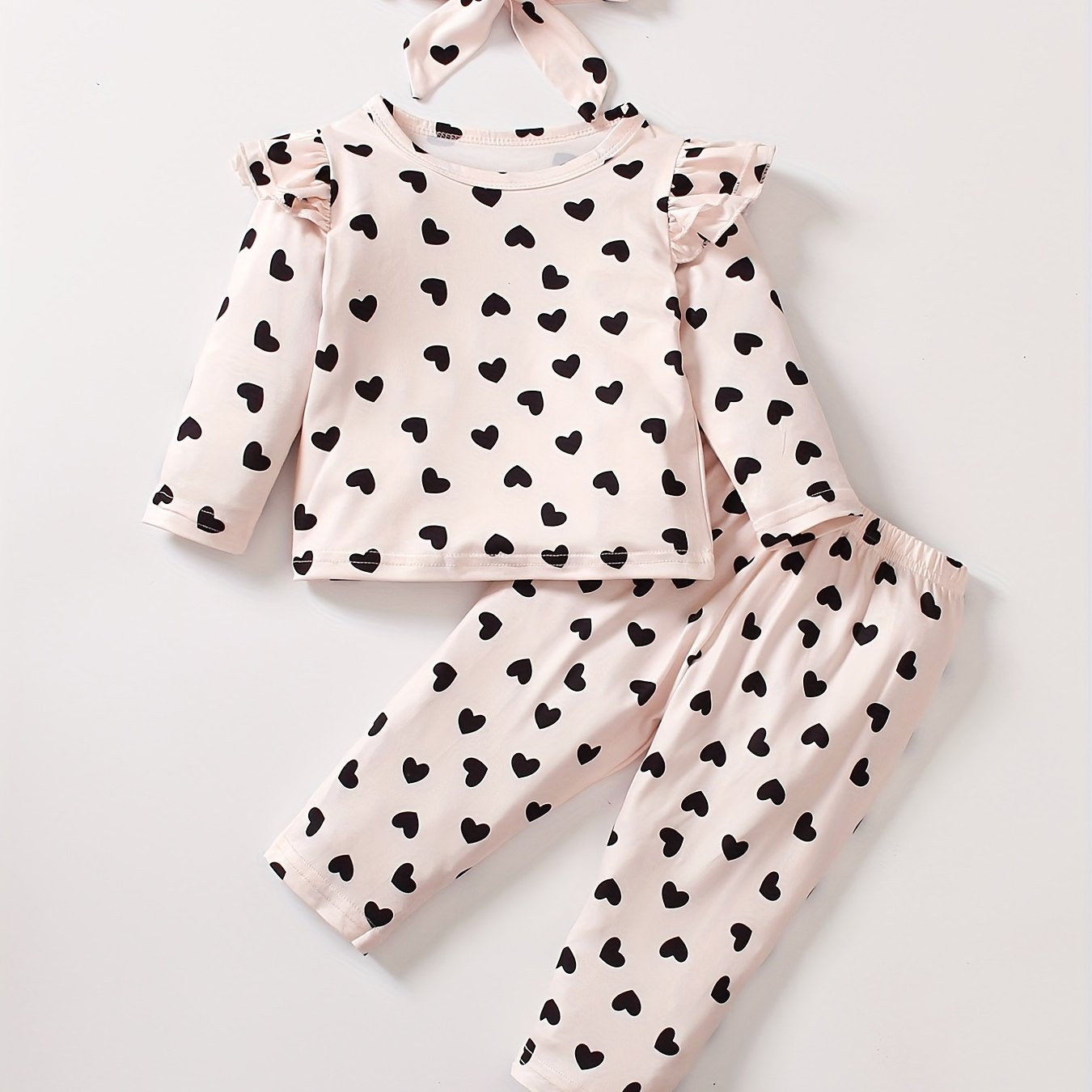 Toddler Girls Heart Print Outfit Ruffle Sleeve T shirt & Trousers & Headband