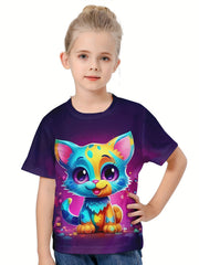 Kids 3D Cat Graphic Short Sleeve T-Shirt Breathable Summer Tops