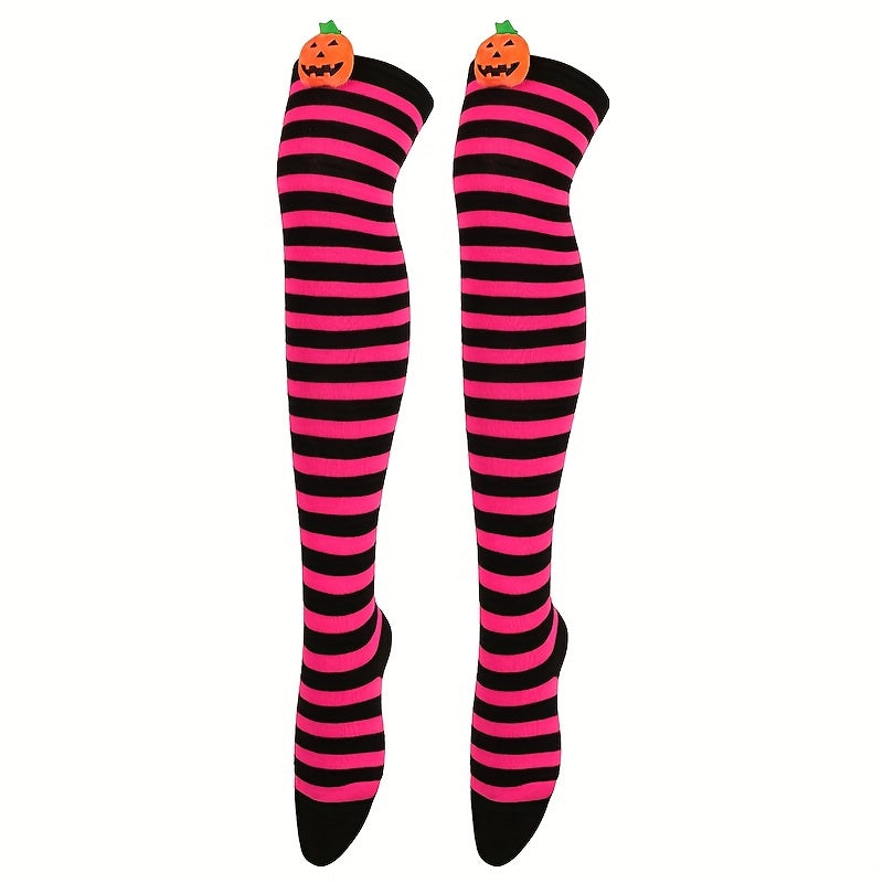 Striped Thigh High Socks Halloween Pumpkin Decor Over The Knee Socks
