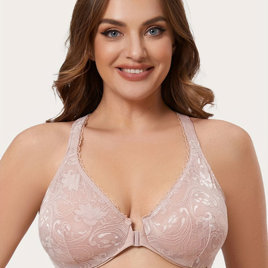 Floral Jacquard Plus Size Front Closure Racer Back Bra