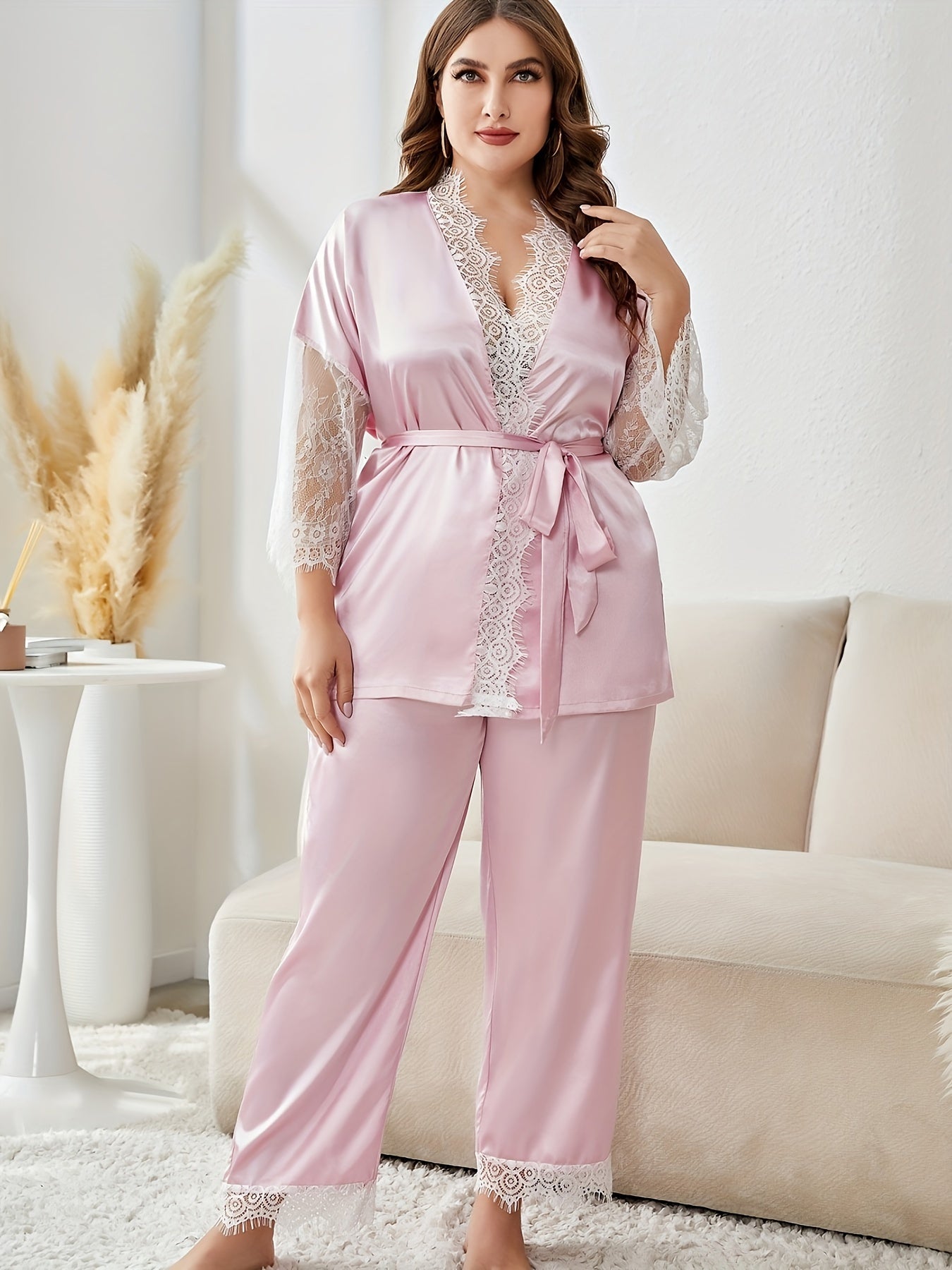 Satin Lace Robe & Pants Set