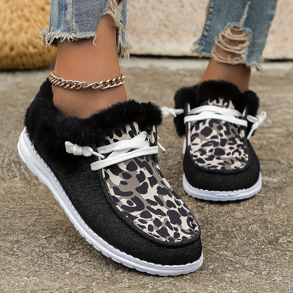 Leopard Print Warm Sneakers Lightweight Casual Flat Shoes