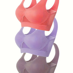 3 Pack Plus Size Sports Bra Set Women's Plus Solid Hollow Out Wireless Ultra