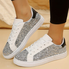 Sequin Decor Glitter Faux Leather Low Cut Lace Up Skate Shoes