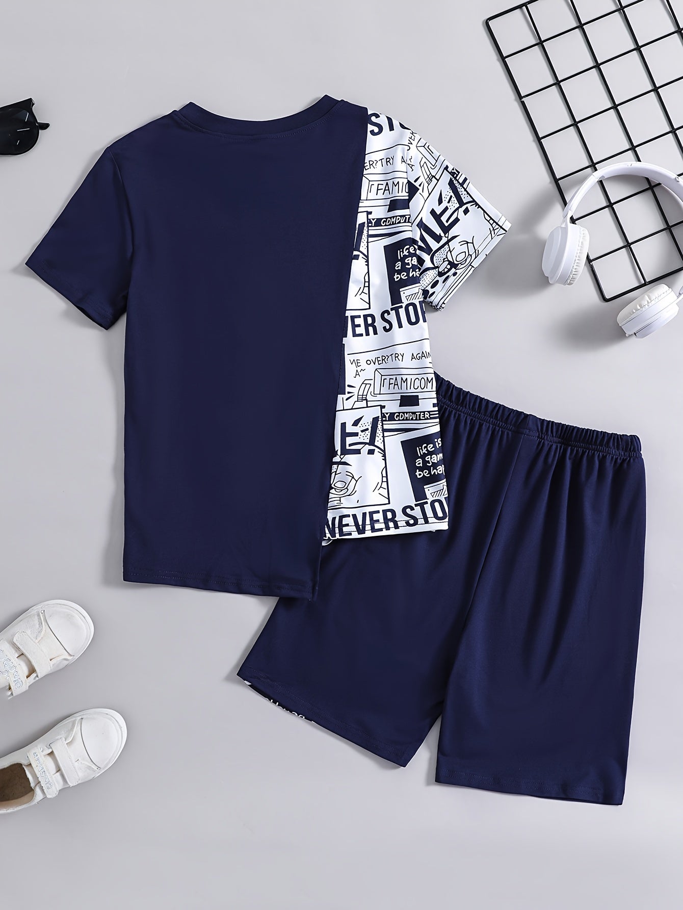 Boys Summer Casual Letter Spliced Outfit Short Sleeve Top & Shorts Set