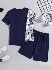 Boys Summer Casual Letter Spliced Outfit Short Sleeve Top & Shorts Set