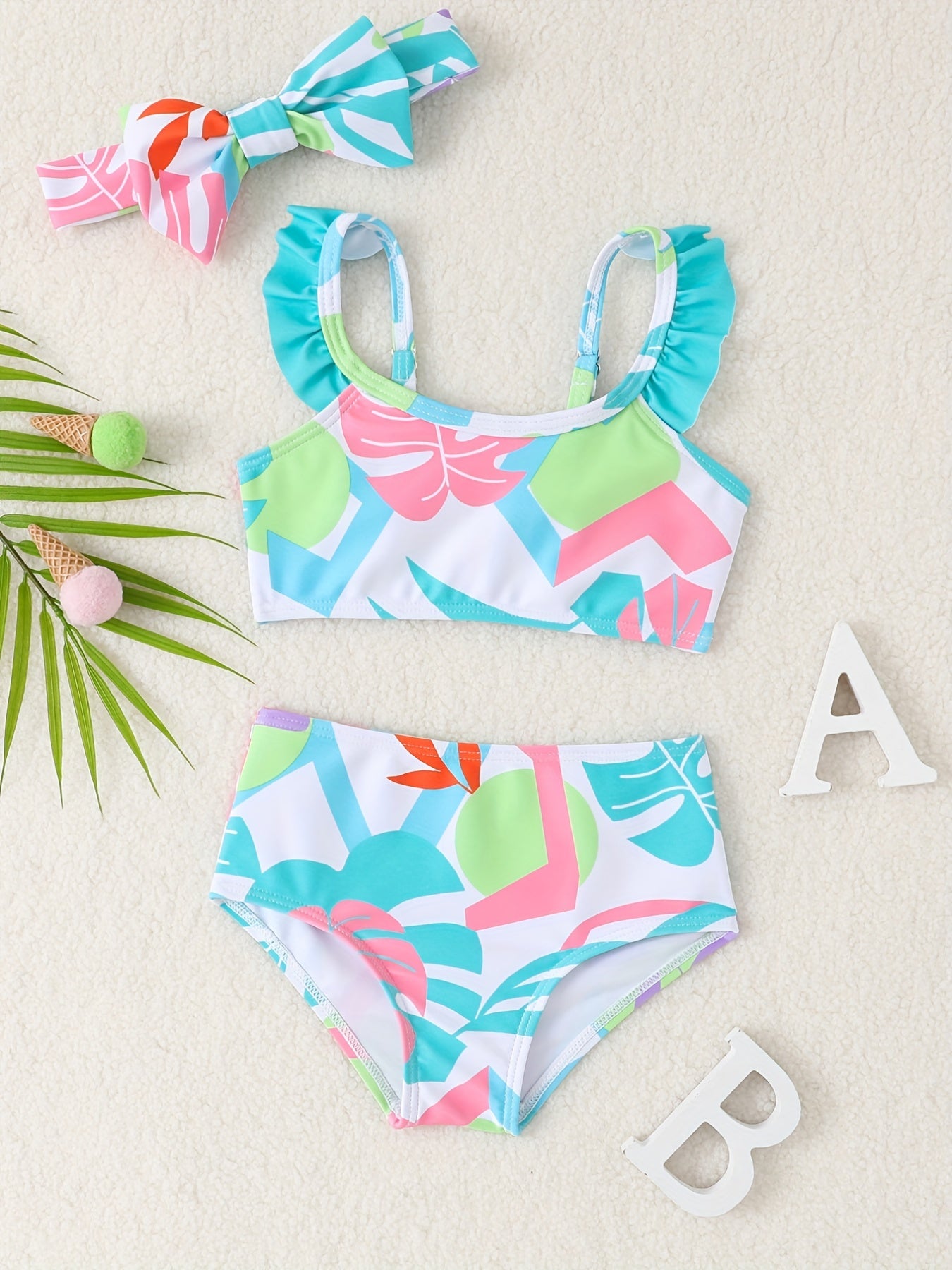 Baby Girl 2pcs Swimsuit Set Crop Cami Top & Shorts With Hair Band