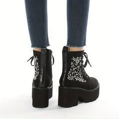 Women's Side Zipper Boots with Flower Embroidery Details