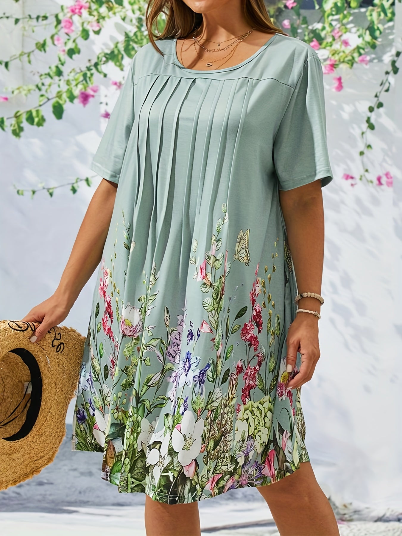 Floral Print Short Sleeve Pleated Dress