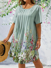 Floral Print Short Sleeve Pleated Dress