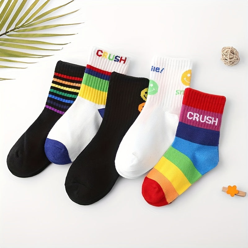 5 Pairs Kids Rainbow Crew Socks for Autumn Winter