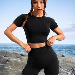 2pcs Solid Casual Suits Short Sleeve High Stretch T shirt & High Waist Butt Lift