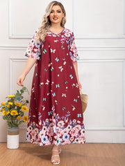 Plus Floral & Butterfly Print Half Sleeve V Neck Maxi Dress
