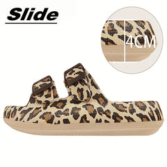 Leopard Print Slides Soft Sole Double Buckle Strap Bathroom Shoes