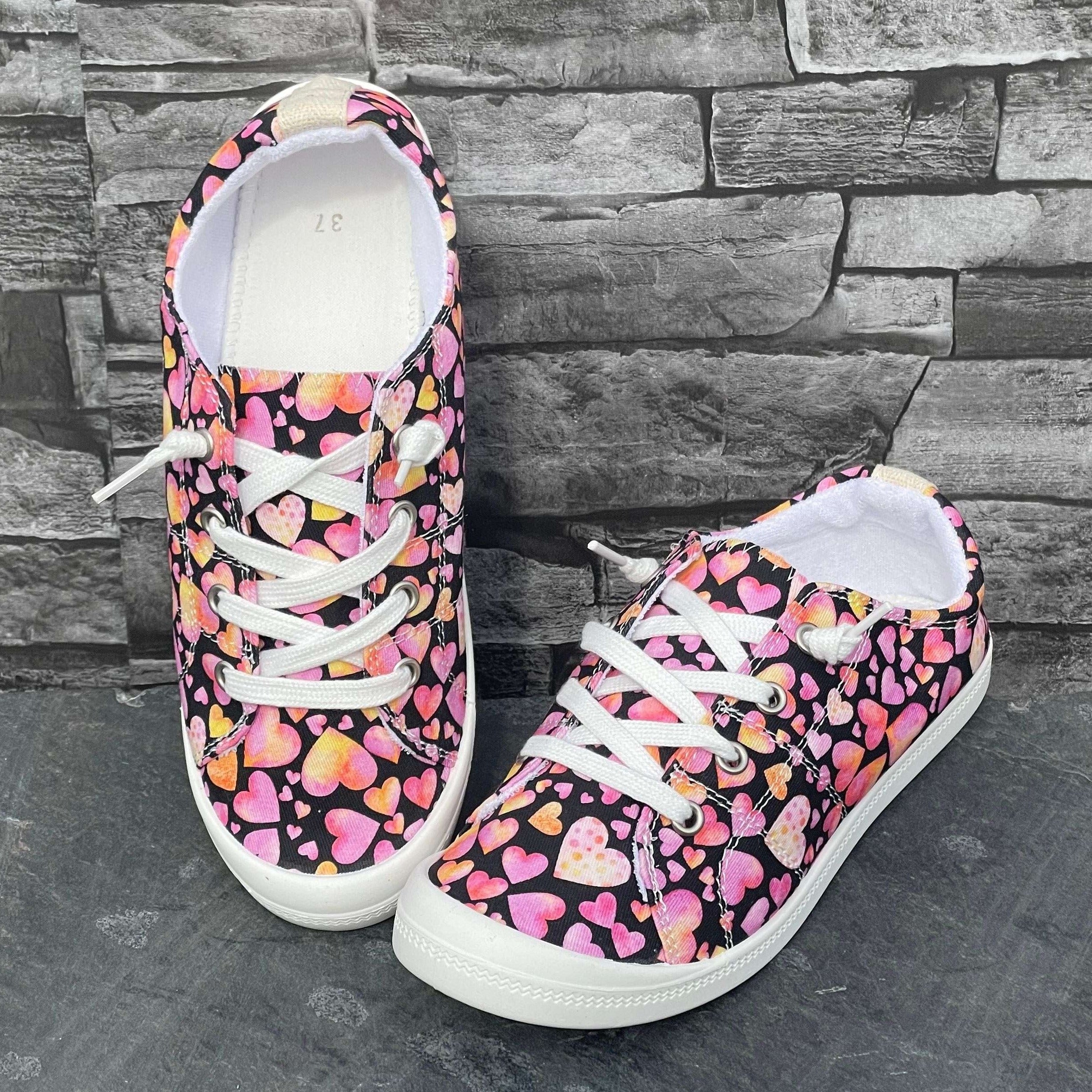 Love Heart Pattern Flat Shoes Slip On Casual Lightweight Soft Comfortable Walkin