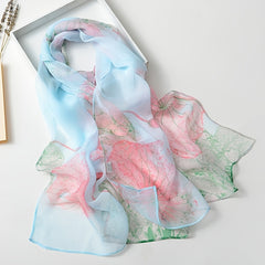 Lotus Print Thin Scarf Women's Shawl Head Wrap Windproof Bandana