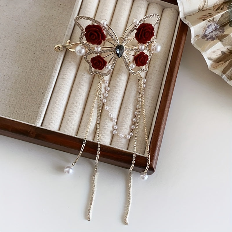 Girl's Tassel Rose Flower Barrette Vintage Rhinestone Hair Clip