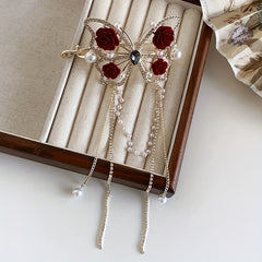 Girl's Tassel Rose Flower Barrette Vintage Rhinestone Hair Clip