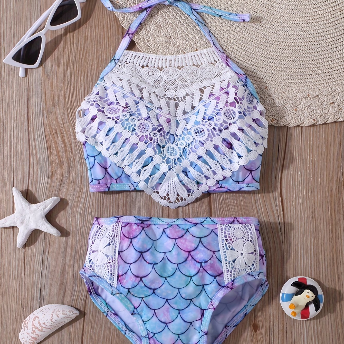 Girls Mermaid Fish Scales Swimsuit Lace Halter Bikini Swimwear