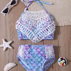 Girls Mermaid Fish Scales Swimsuit Lace Halter Bikini Swimwear