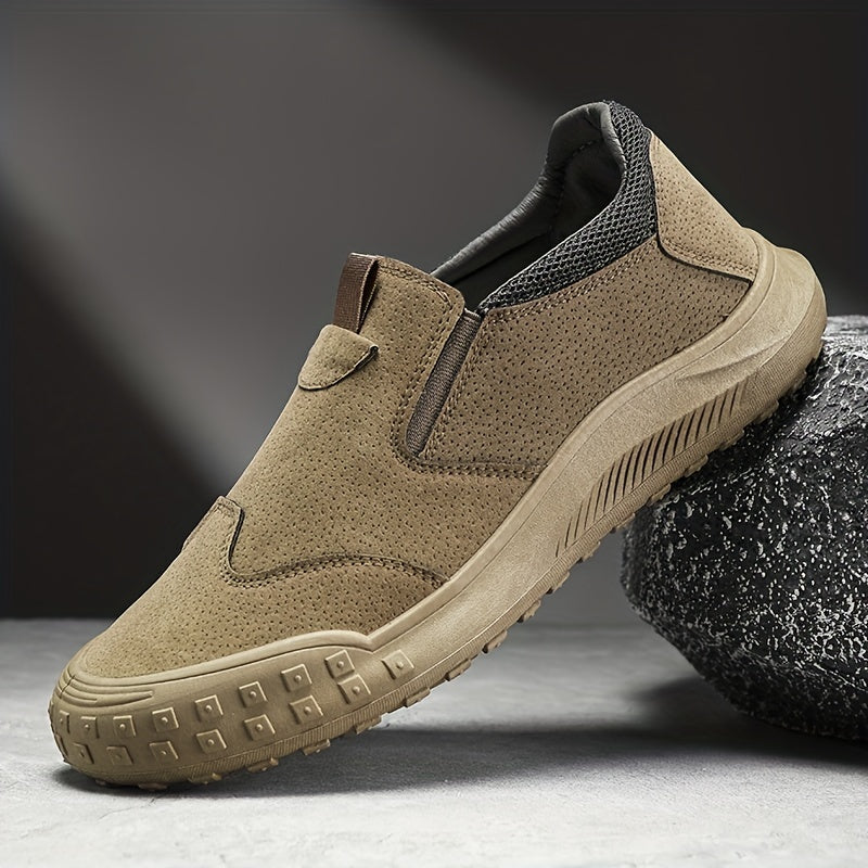 Men Slip On Sneakers Work Shoes Sporty Outdoor Khaki Faux Suede Hiking Shoes