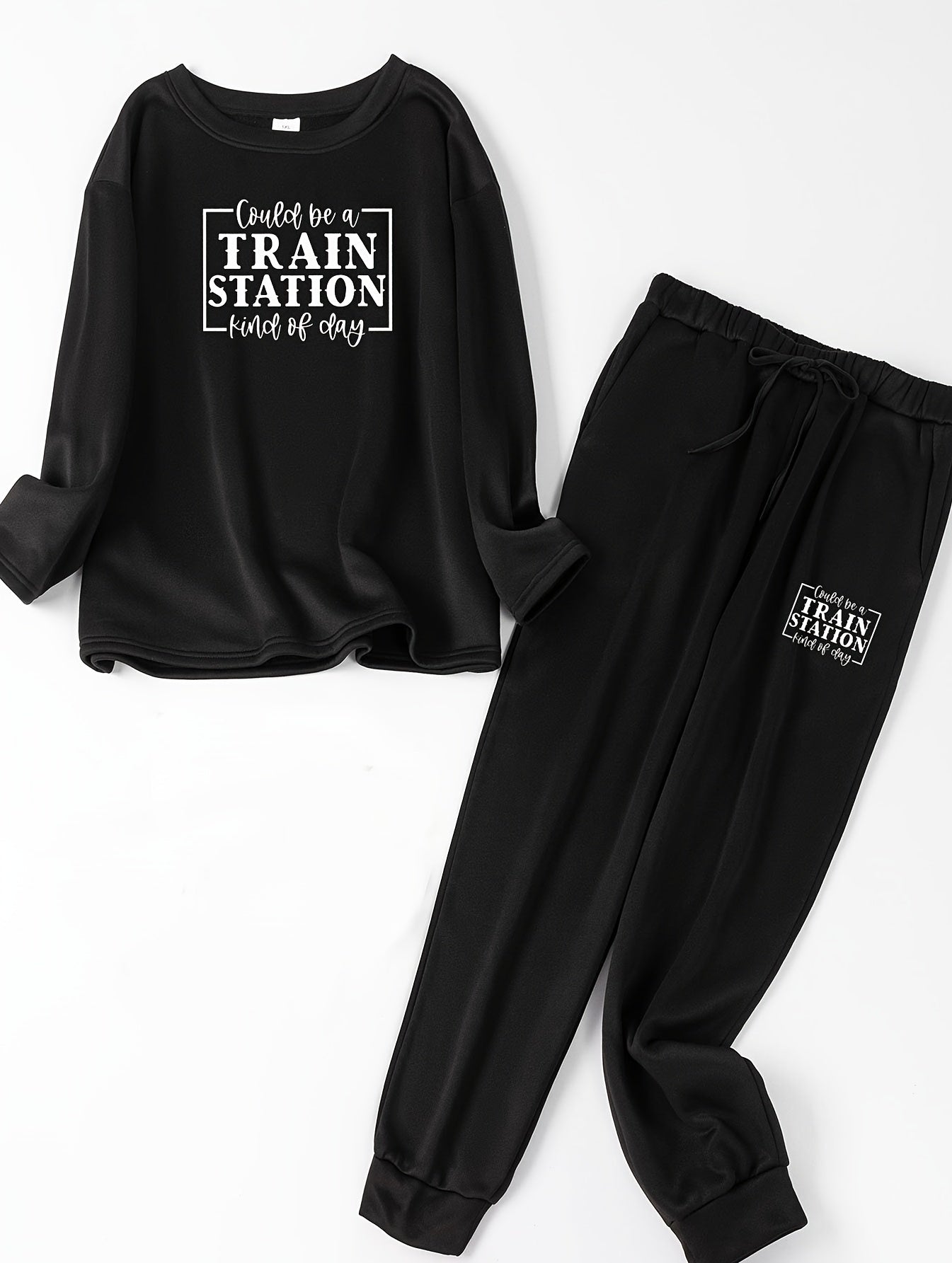 Women's Slogan Print Fleece Top & Joggers Pajamas Set