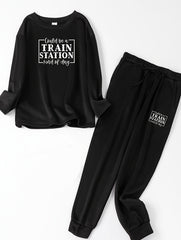 Women's Slogan Print Fleece Top & Joggers Pajamas Set