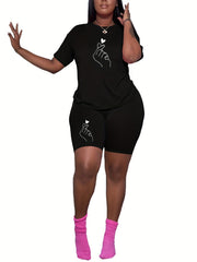 Finger Heart Print Matching Set Short Sleeve T shirt & Biker Shorts