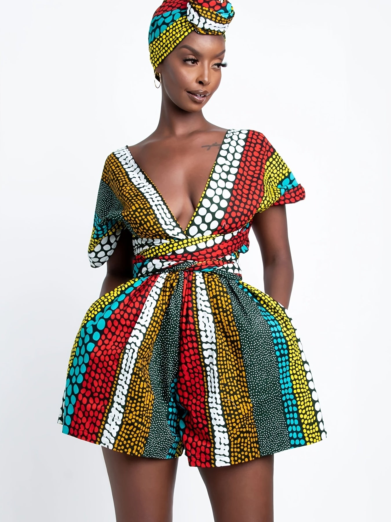 Boho Print Multiple Wear Jumpsuit Ethnic Tie Waist Short Length Jumpsuit Women
