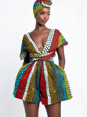Boho Print Multiple Wear Jumpsuit Ethnic Tie Waist Short Length Jumpsuit Women