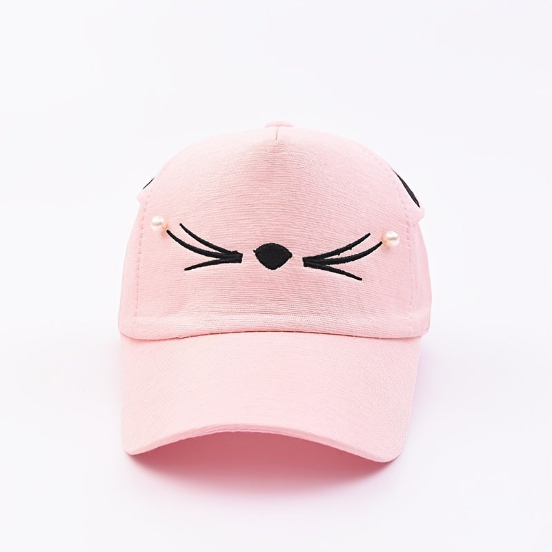 Girls Cat Embroidery Baseball Cap with Pearls Sun Protection Sunshade Hat