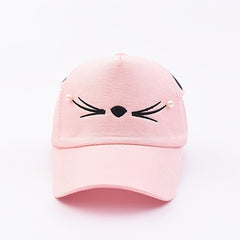 Girls Cat Embroidery Baseball Cap with Pearls Sun Protection Sunshade Hat